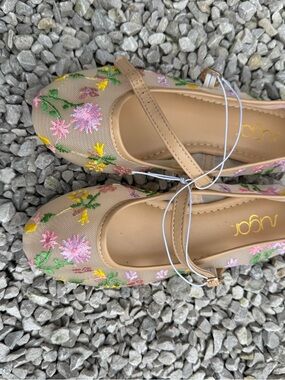 Sugar Beige Floral Embroidered Mary Jane Flats with Pink & Yellow Accents